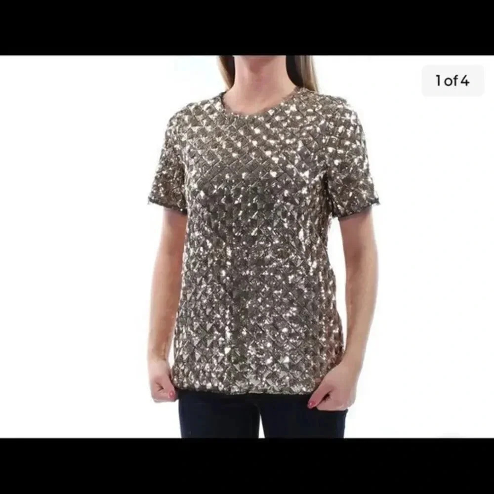 BAR III Womens Gold Sequined Short Sleeve Jewel Neck Party Top Size: S
